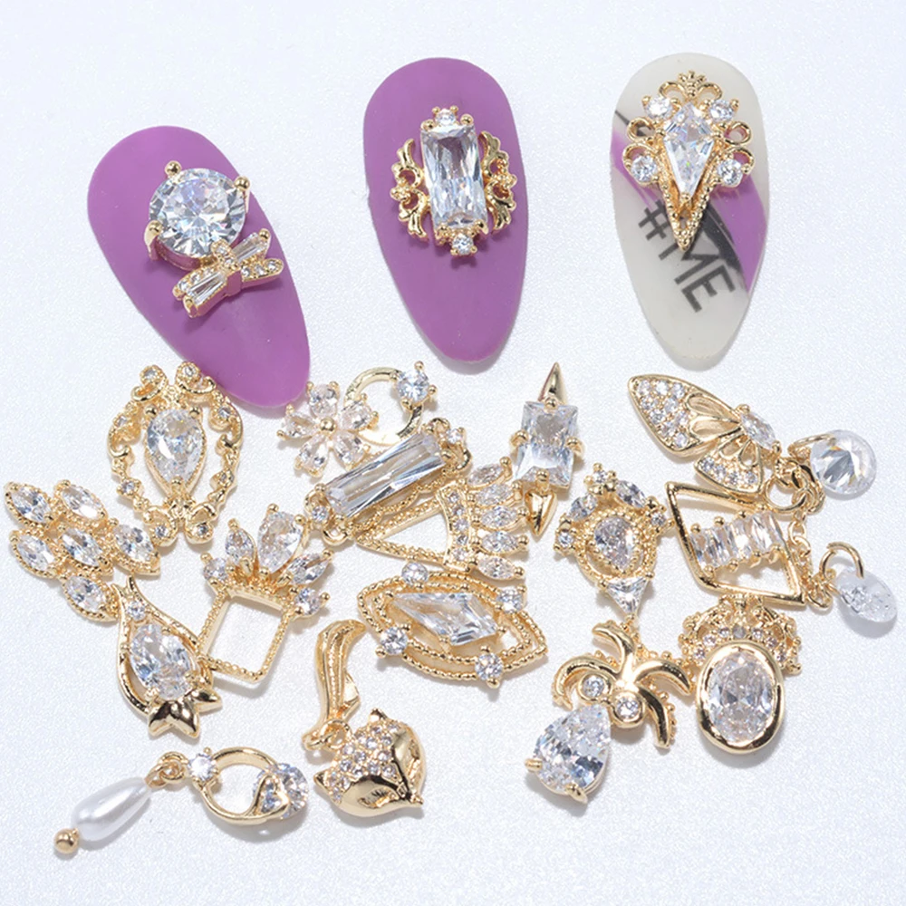 Shiny Gold Butterfly Nail Art Decorations Metal Flower Pendant Chain Nail Zircon Nail Rhinestones Nail Jewelry