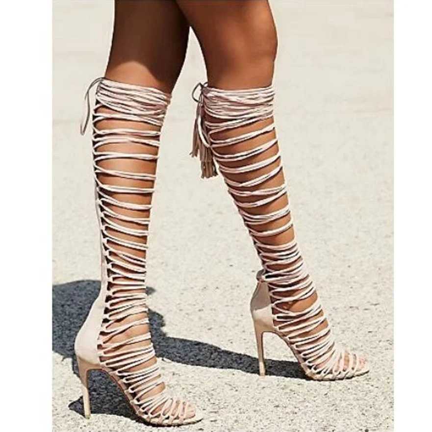 

Back zipper zapatos mujer gladiator women sandals boots Tassel crossed-tied high heels shoes woman Summer knee high sandal boots