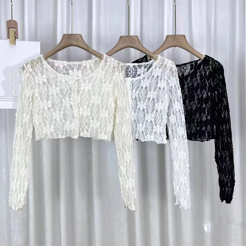 1Pcs Sunscreen Long Sleeved Coat Lace Cardigan Women Tops Summer Thin Outerwear Hollow Perspective