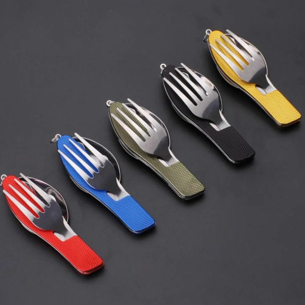 100 Pcs Camping Tableware Stainless Steel Fork Spoon Knives In One Camping Multi-function Folding Fork Knife Free Shipping