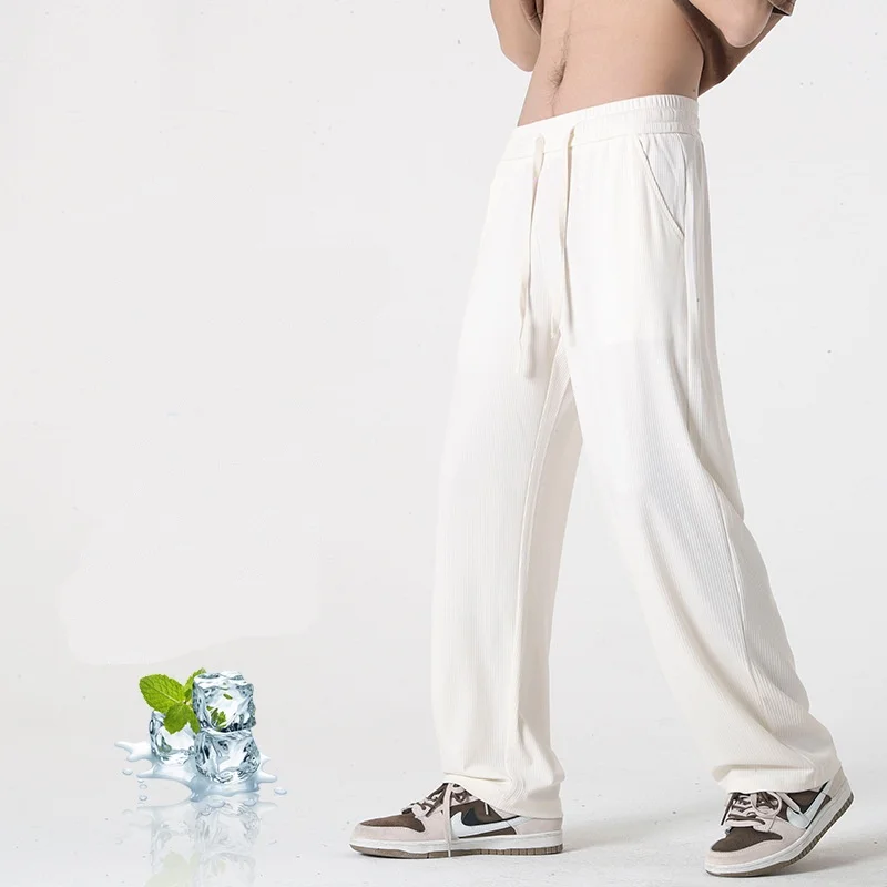 2025 جديد الحرير الجليد سراويل تقليدية الرجال ربيع الخريف نمط جديد قلادة الطابق بنطلون الذكور مستقيم أنبوب فضفاض واسعة الساق بنطلون