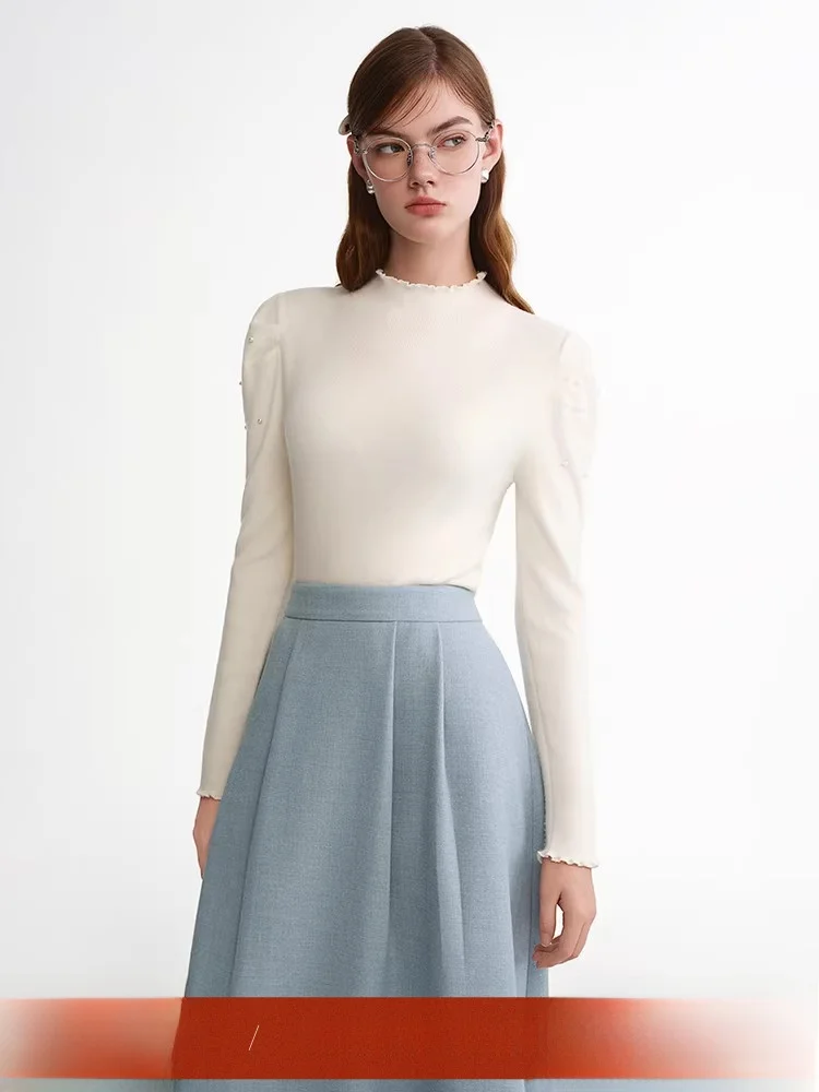 

Ladies' Knitted Long Sve Base irt f High Collar with Wood ain Ruffle Design Autumn Winter Faion Commute Sle Sli...