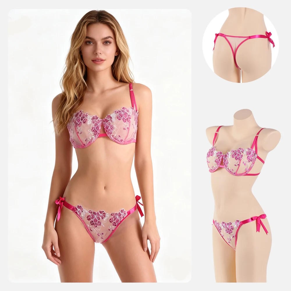 

Romantic And Sexy Lace Lingerie For Ladies Pure Pink Gathering Bra Set