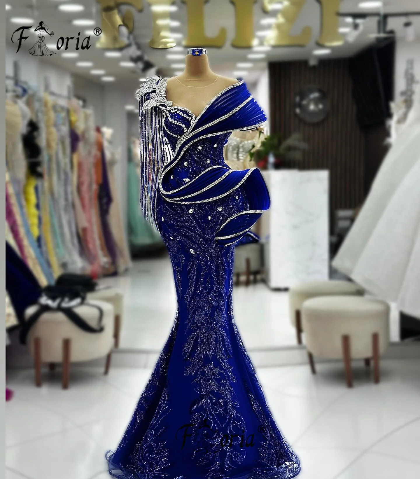 

Newest Chic Royal Blue Dubai Mermaid Formal Evening Dresses Silver Crystal Tassels Red-carpet Party Dress Wedding Event Gowns