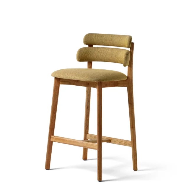 Scandinavian Wooden Counter Chair with Ergonomic Backrest and Fabric Seat, Modern Solid Wood Bar Stool for Kitchen and Cafe