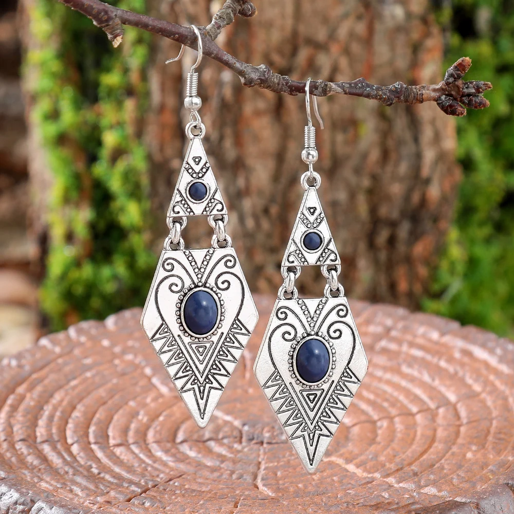 1 Pair Ethnic Style Earrings for Women Geometric Rhombus Vintage Silver Boho Accessories Daily Wear Party Decors Gifts Versatile