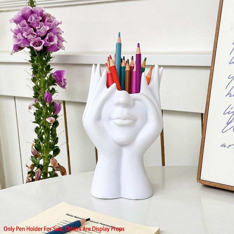Nordic Art Face Pen Holder Desk Organizer Creative Makeup Brush Storage Cup Office Desktop Stationery Accessories Decor Vase