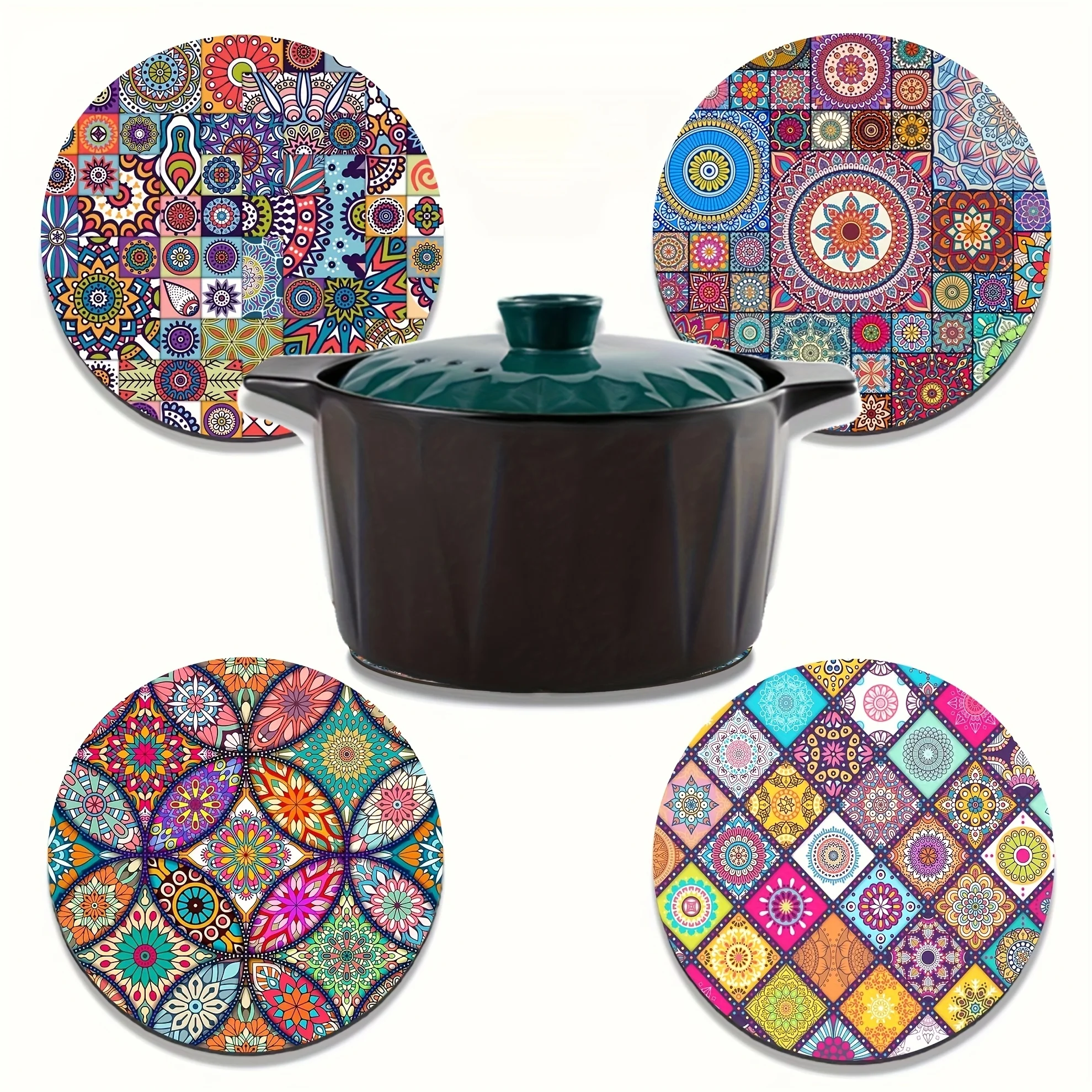 4 Stück Boho Mandala Diatomit-Tischsets, runde, hitzebeständige, saugfähige Untersetzer, rutschfeste, schnell trocknende Tischuntersetzer für heiße Töpfe, K – Detail 4