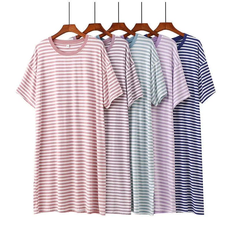 Women's Summer New Casual Striped Nightgown Soft Modal Loungewear Sleeping Dress Women Loose Large Size Home Dress Pajamas