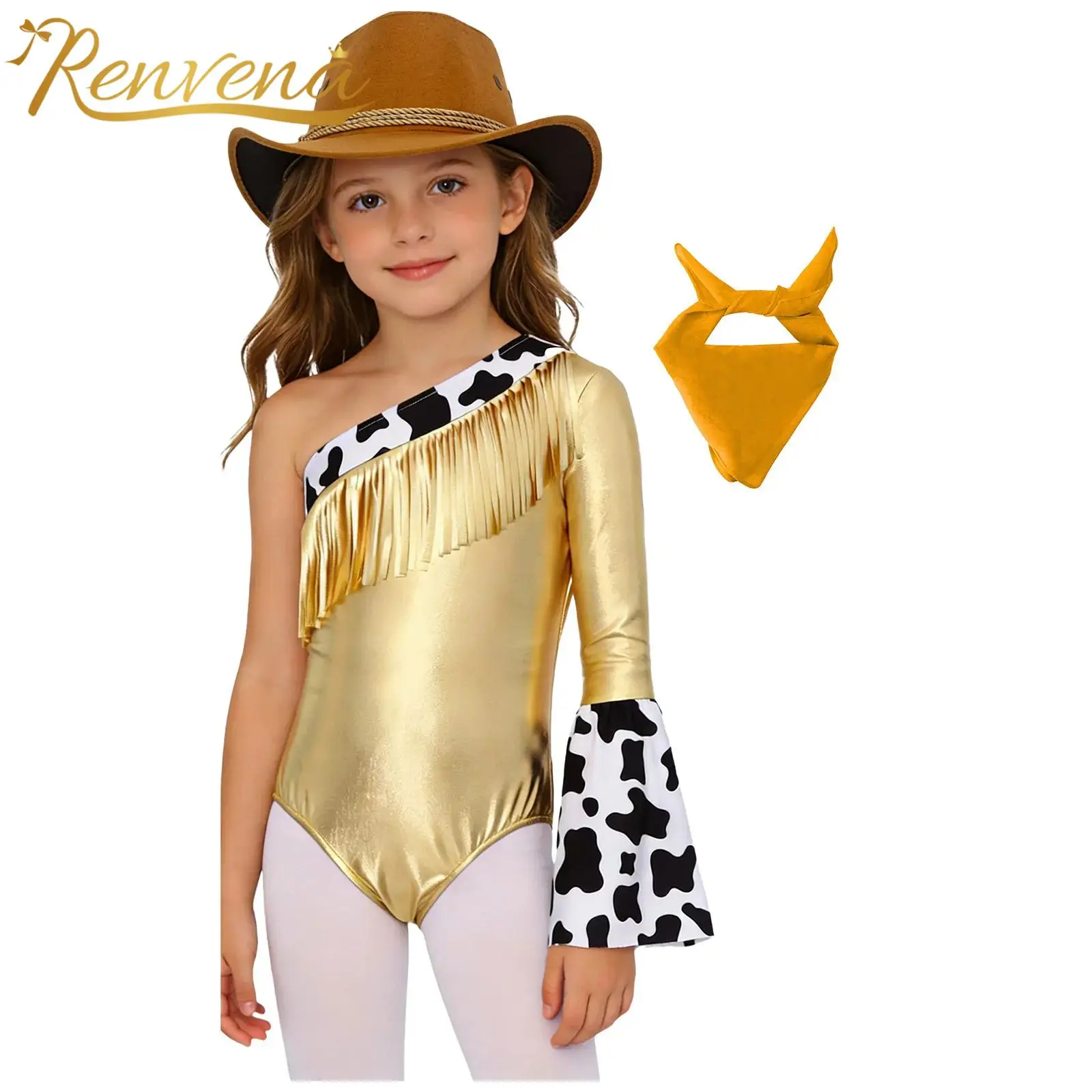 Children Western Cowgirl Costume Kids Girls Hippie Outfit Carnival Party Dance Performance Costumes Bodysuit Hat Halloween Set