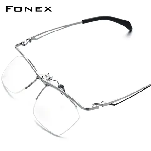 FONEX 남성용 티타늄 안경테, 플립 업 세미 무테 사각 안경, 하프 림, 일본 초경량, 고품질 안경 8044
