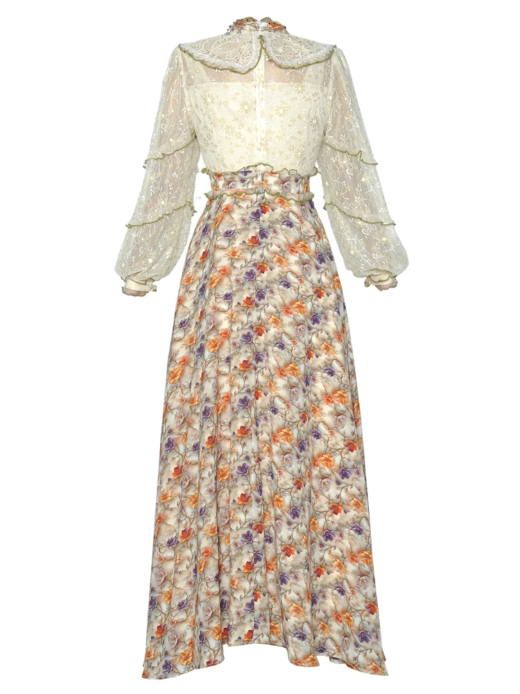 Langes Damenkleid 2025, Frühling, Perlenstickerei, Stehkragen, Pailletten, Spitzennähte, Jacquard, bedruckt, Blumenmuster, Damen-X-Langkleider