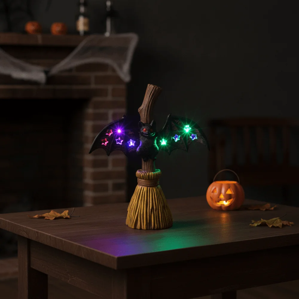 Resin Made Bat Broom Light Double Wings Button Cells Battery Power Spooky Desk Lamp Small Size Lightweight Halloween Nightlight