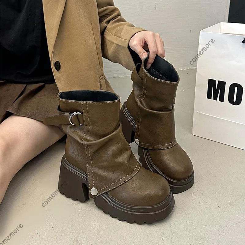 Comemore New Folded Round Head Thick Heel British Style Boot Spring Autumn Chunky Heeled Fashion Shoes Platform Short Booties view 6