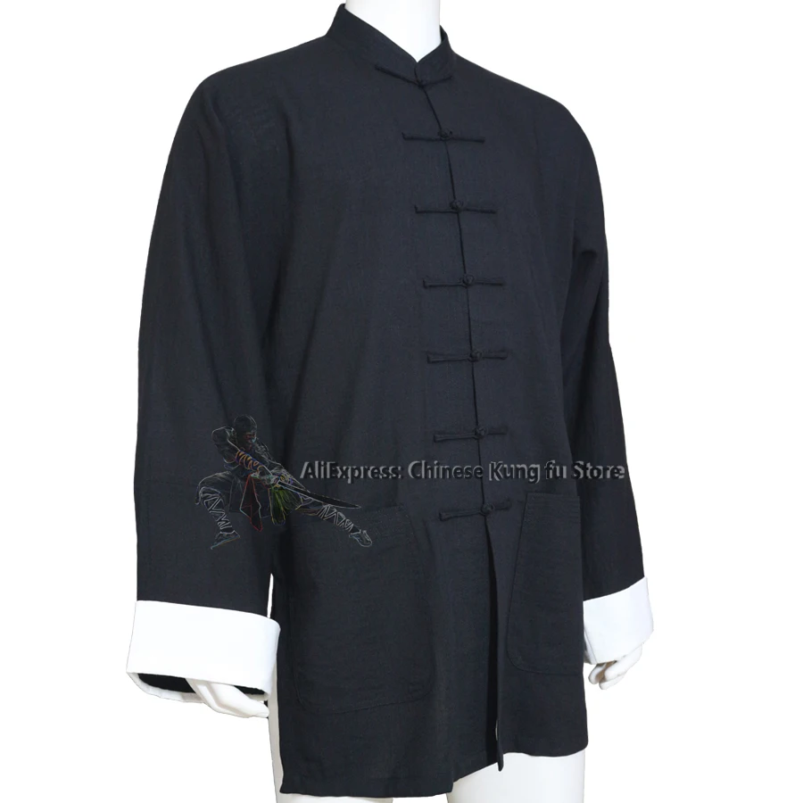 Picture 4: Custom Men's Women's Tai chi Wing Chun Kung fu Jacket with White Cuffs Zen Meditation Clothing 25 Colors