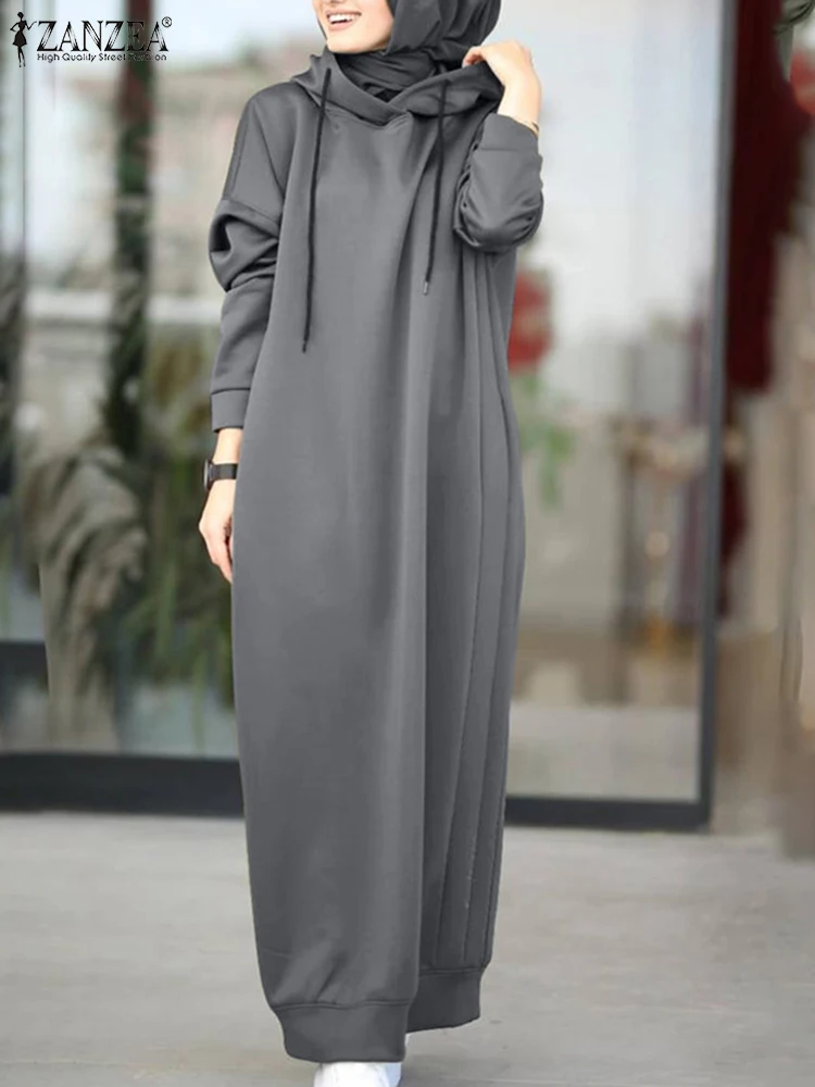 Winter Women's Sweatshirt Dress ZANZEA Casual Long Sleeve Hoodies Vestidos Maxi Dresses Robe Femme Vintage Solid Hooded Pullover