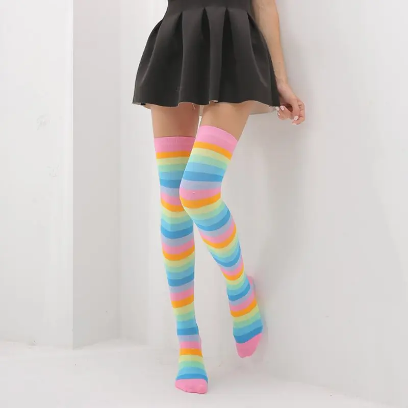 Chaussettes longues fantaisie à rayures colorées arc-en-ciel pour femmes filles, Halloween Cospla 066C