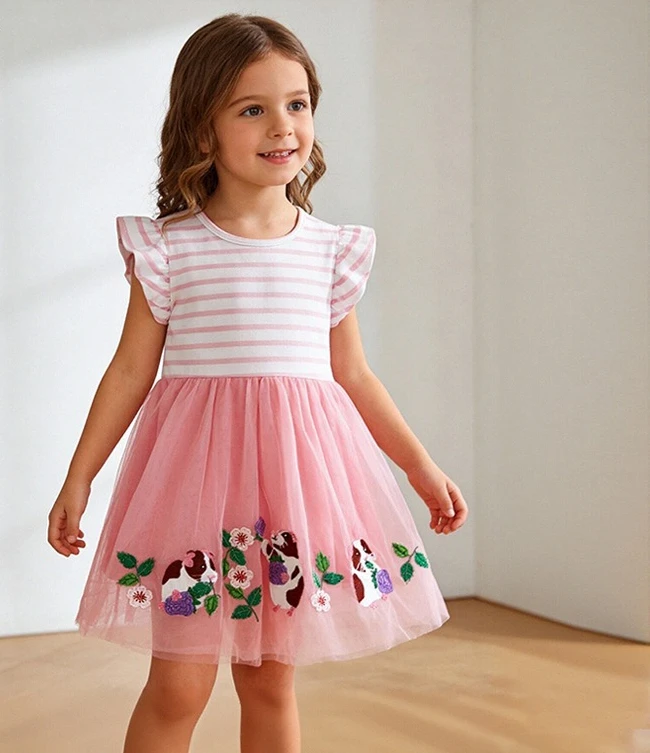2026 Spring Summer New Children Lotus Leaf Sleeve Dress Animal Embroidery Girls Striped Round Neck Mesh Children Dress