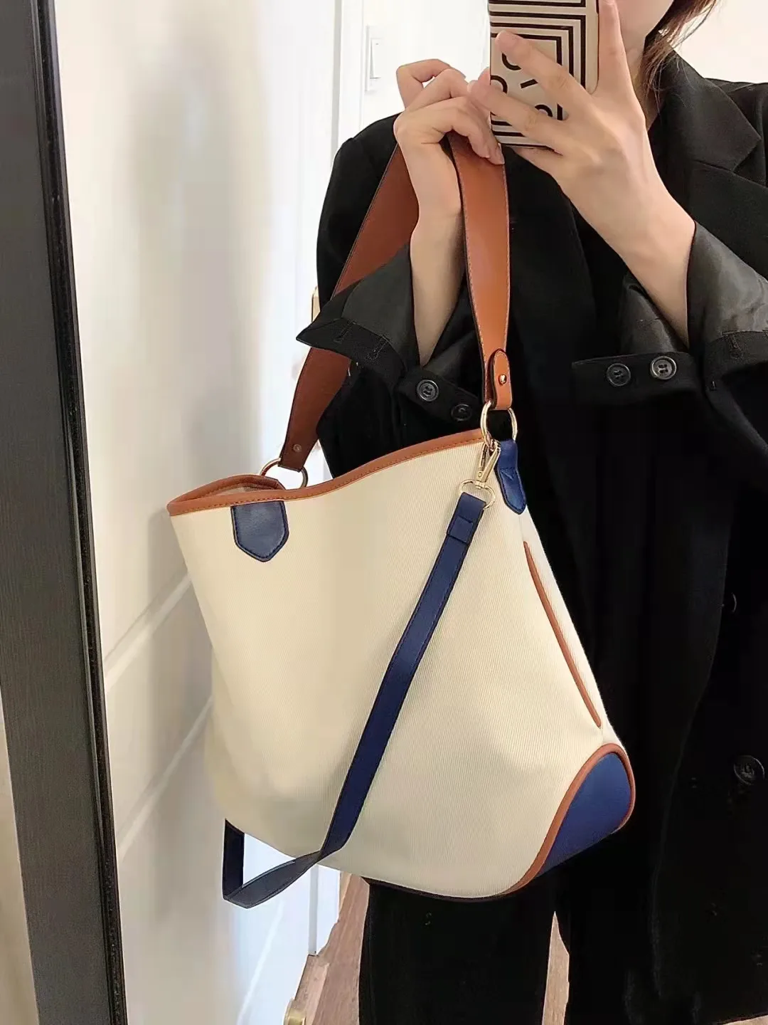 Women's Fashion Contrasting Colors Art Canvas Handbag Daily Commuter Lady Large Capacity Tote Single Shoulder Crossbody Bag