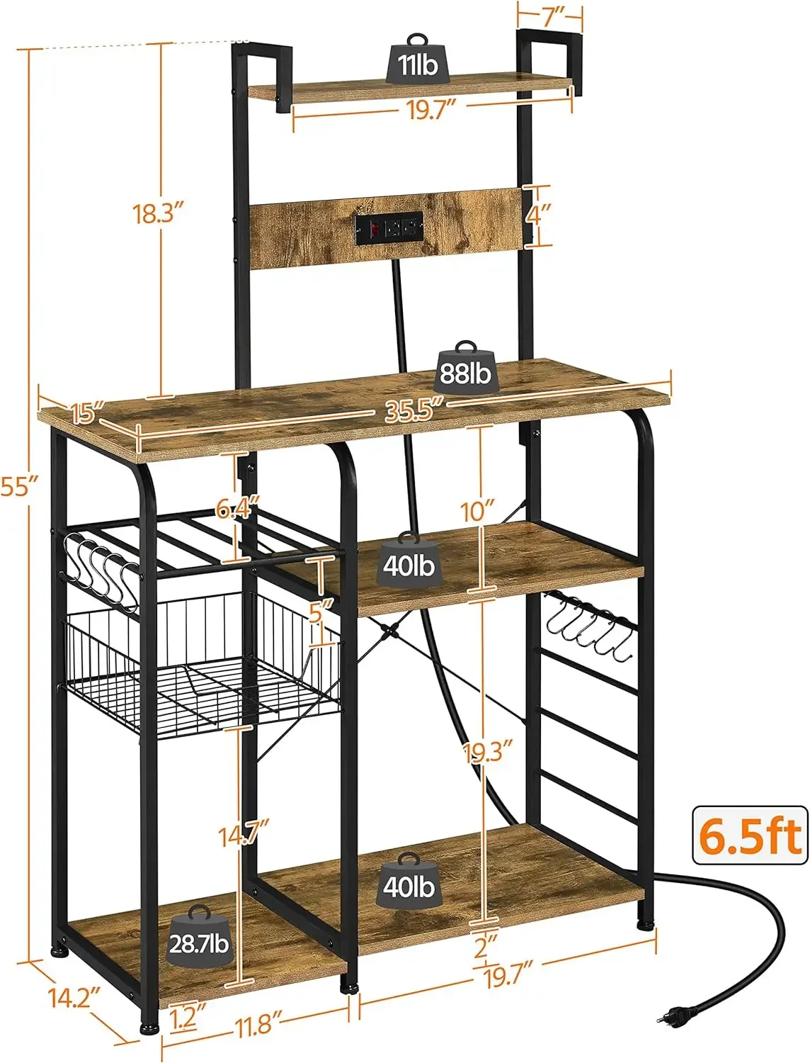 Kitchen Bakers Rack with Power Outlet, Coffee Bar Microwave Stand with Wire Basket and Wine Rack & 10 S-Hooks, Kitchen