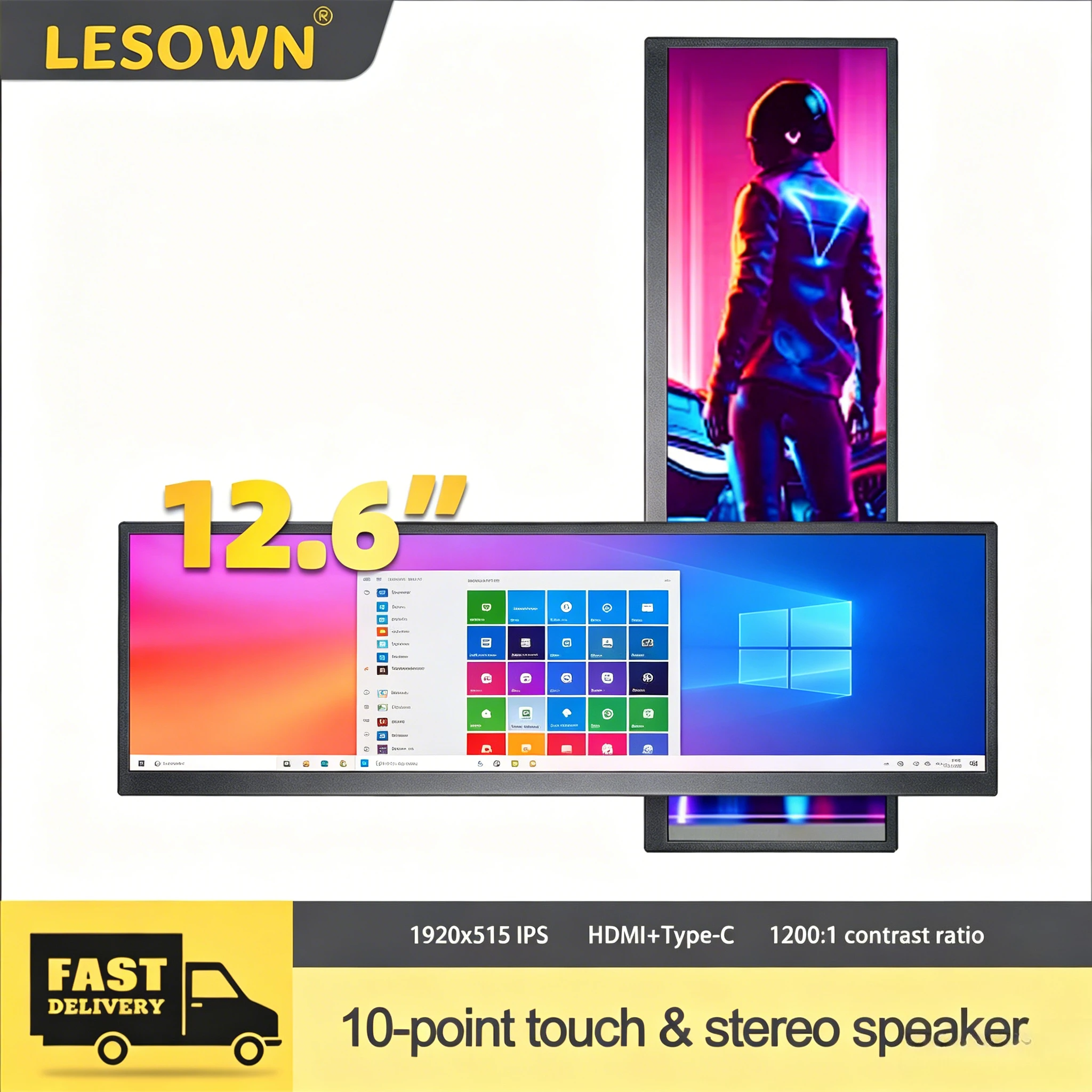LESOWN Stretched PC Case Display 14.1" 4K Ultra-wide Panel for Desktop Gaming Rig AIDA64 Interface Windows System 60Hz