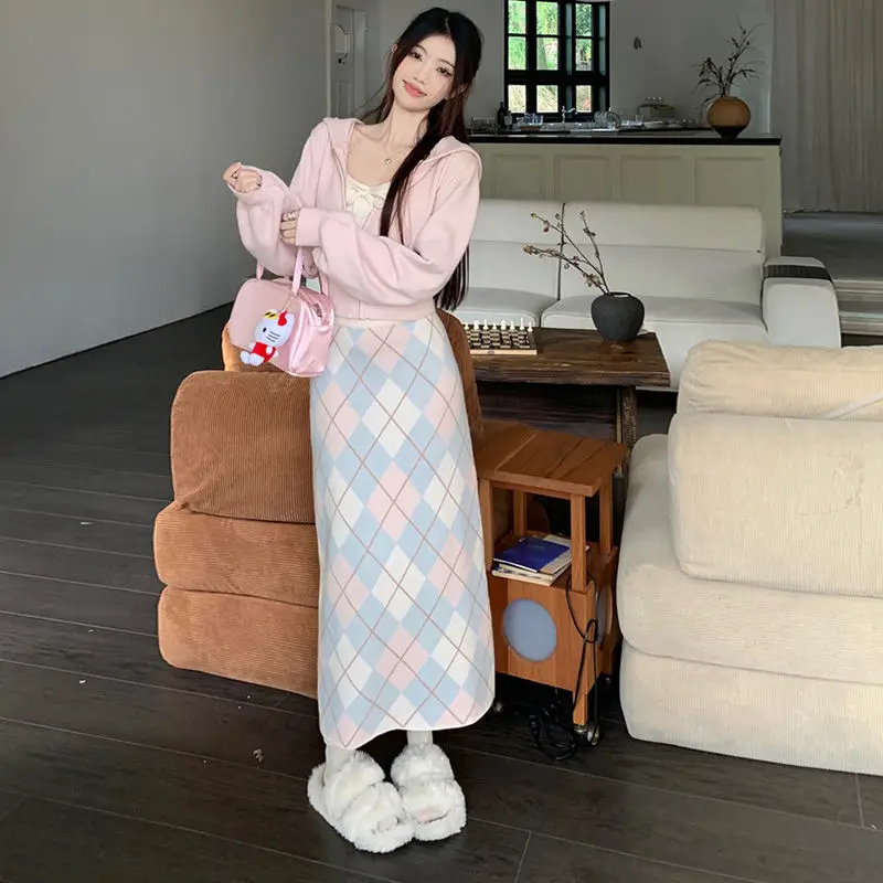 3 Pcs Women Sets Sweet Pink Plaid Midi Skirts Gentle Hooded Leisure Zip-up Coats Cropped Y2k Hot Girl Bow Design Camis Elegant