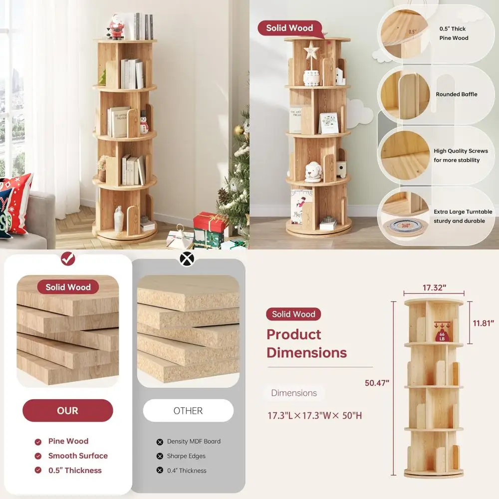 

Уголок из массива дерева 360° ° Вращающаяся книжная полка для небольших помещений, решения для хранения в спальне и гостиной