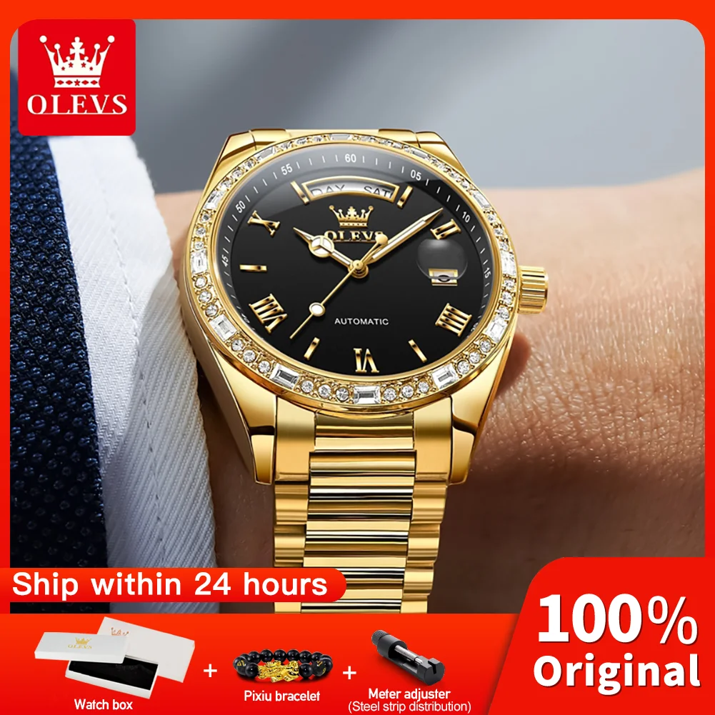 

OLEVS 6747, мужские часы, деловые элегантные механические часы с датой недели, водонепроницаемые светящиеся стальные ремешки, часы с календарем и окном для мужчин