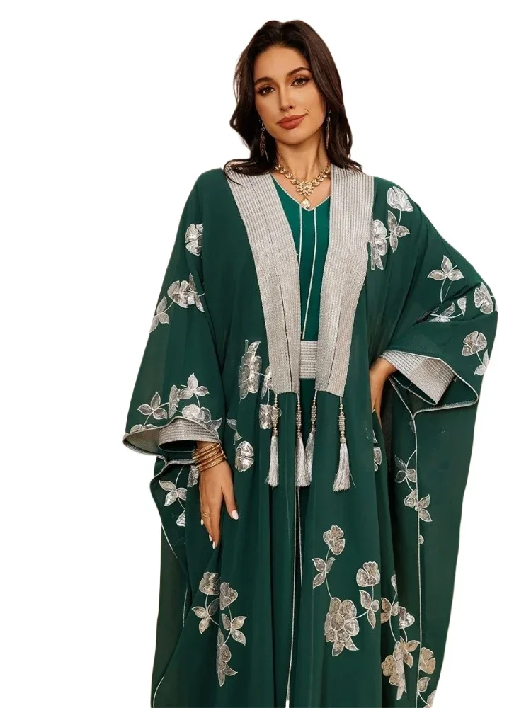 

Embroidery Maxi Abaya Tape Trim Tassel Kaftan Batwing Sleeve Luxury Women Abayas Belt included