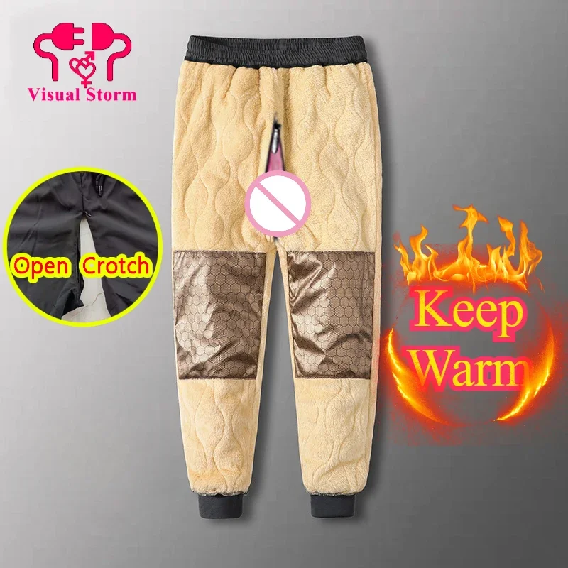 Men Sexy Open Crotch Pants Thermal Winter Warm Keep Sporty Sweatpants Outdoor Sex  Hidden Zippers Crotchless Casual Trousers