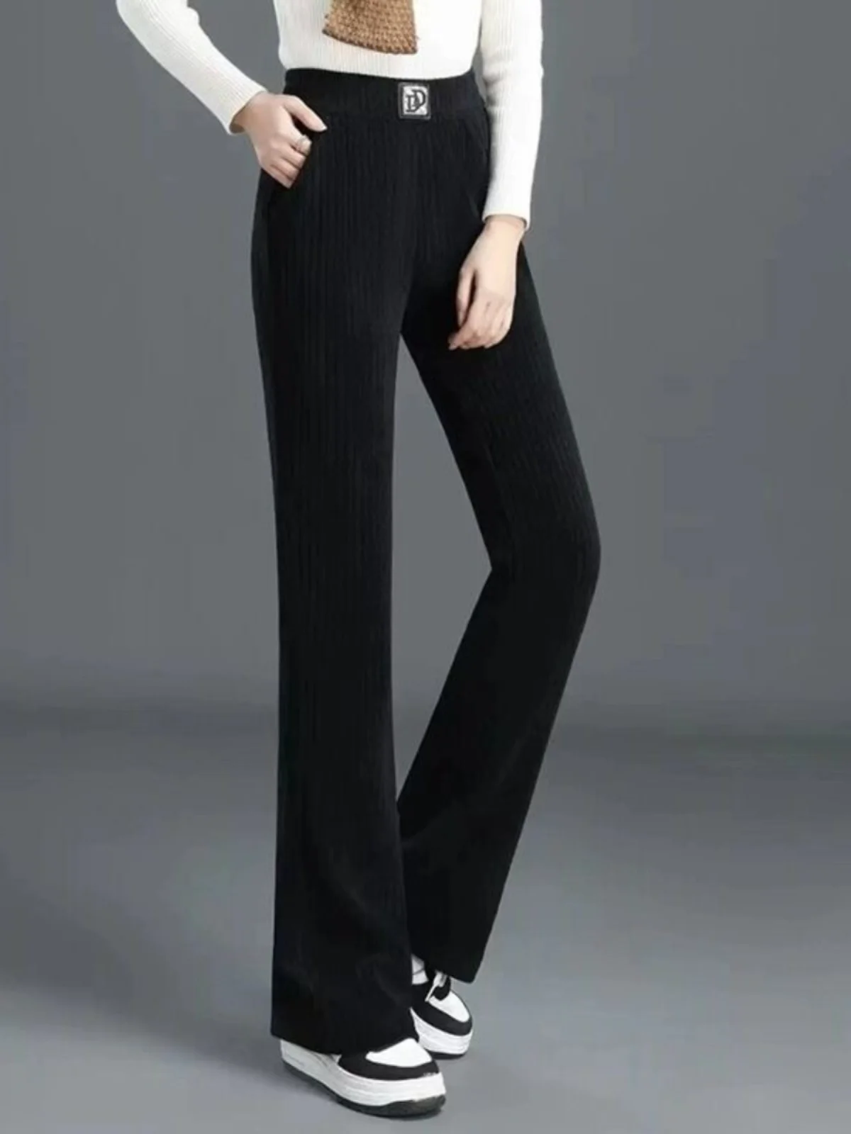 Pantalones ajustados de pierna ancha para mujer, ropa fina de chenilla Sle de cintura alta para mamá, pantalones informales de franela de tubo recto para primavera y otoño