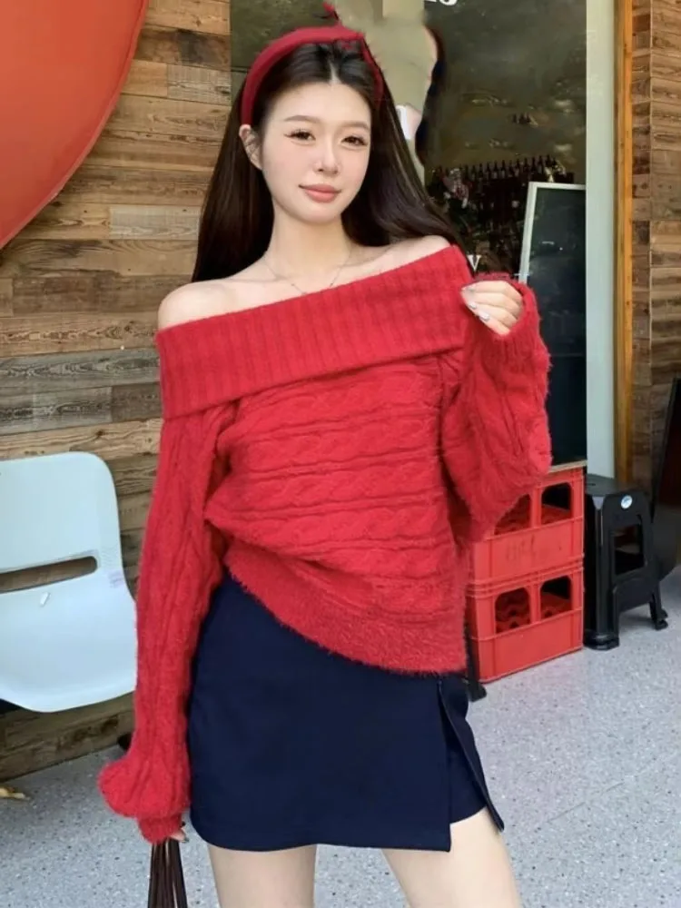 

Women Clothing Korean Twist Sweater Fashion Slash Neck Vintage Jumper Pull Femme Solid Knitted All Match Pullovers Sueter Mujer