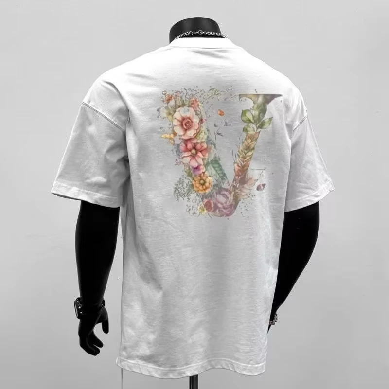 Summer Watercolor Floral Letter Print Luxurious Brand Letter T-shirt Cotton Men's Short-sleeved T-shirt 2026 Men's Clothing