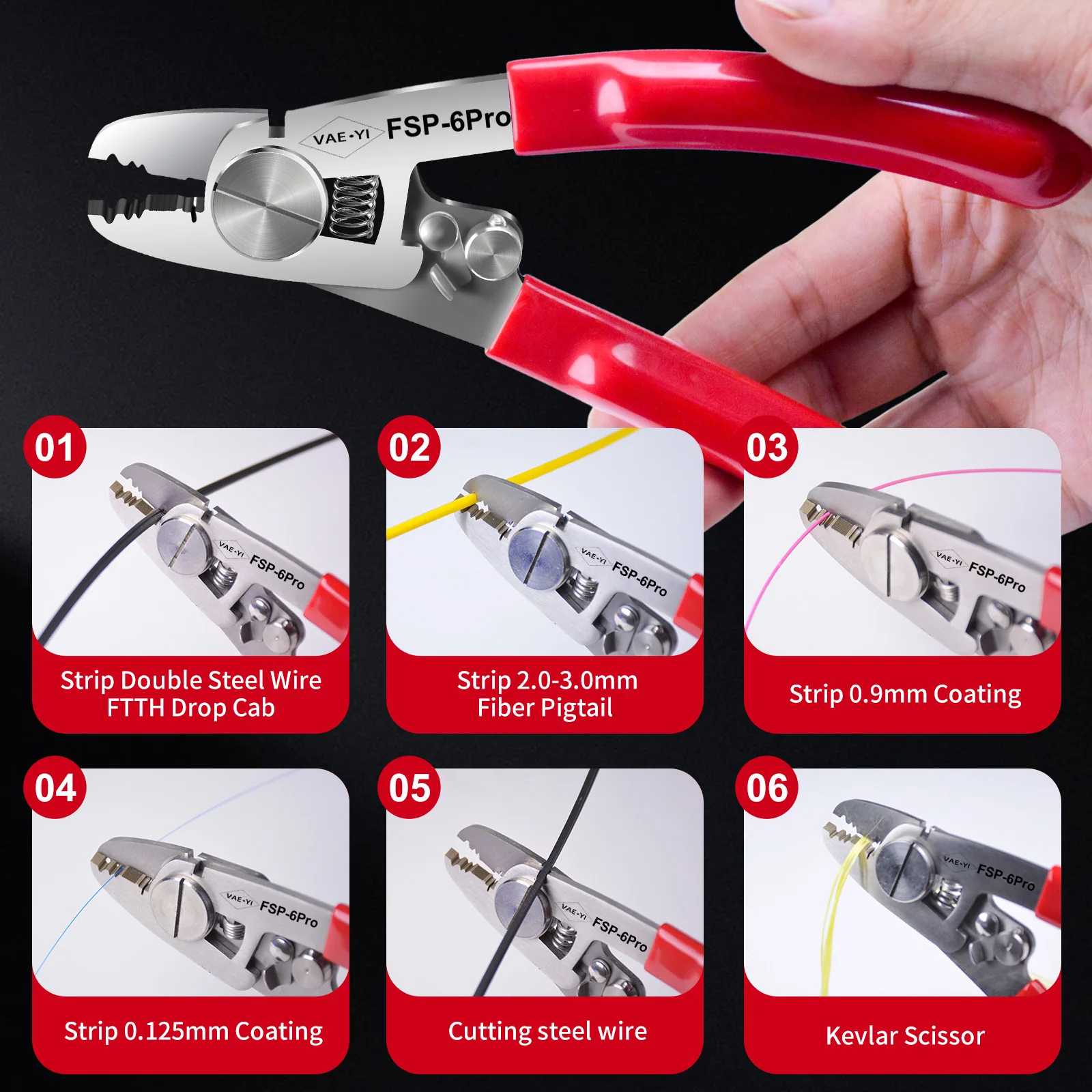 VAEYI-Stripper De Fibra Óptica De Aço Inoxidável, Wire Strippers, Ferramentas para FTTH, 6 em 1