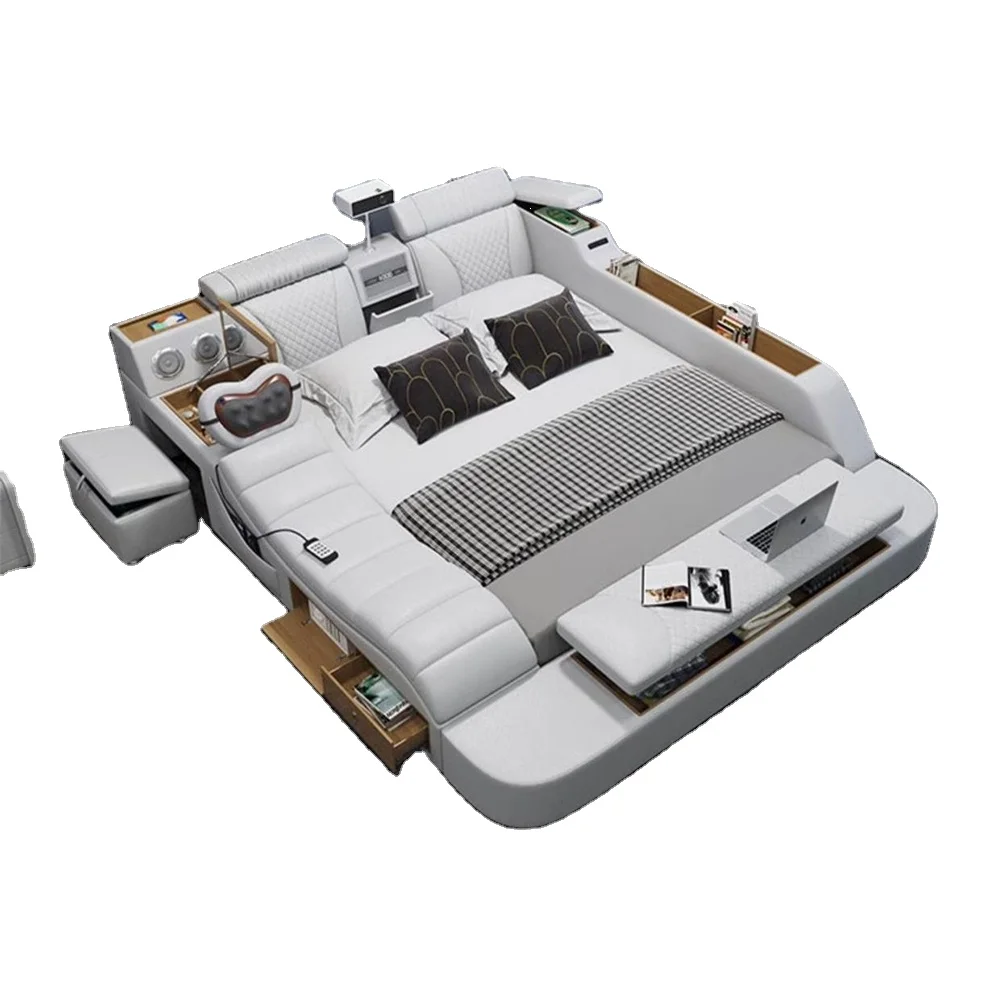 

Limlamlim Tech Modern King-Size Smart Bed Genuine Leather Upholstery Multifunctional Platform Bed Frame Projector Air Purifier