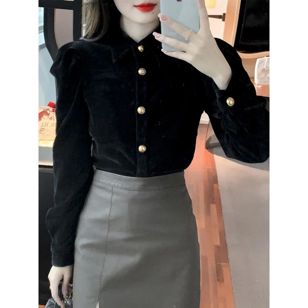 Velvet Long Sleeve Shirt Women\'s Design Fashion Vintage Clothes for Women Tops Shirts Blouses