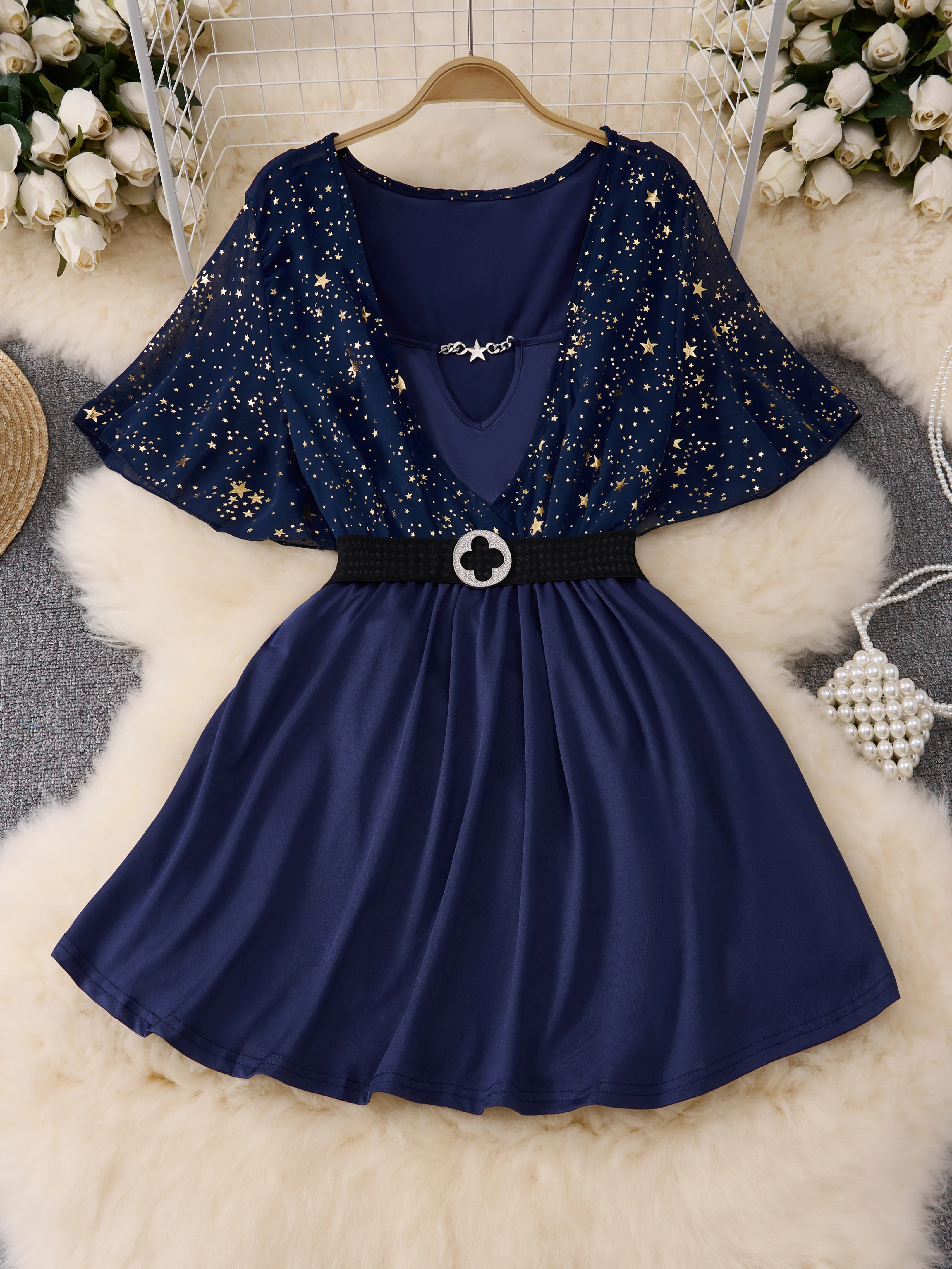 

Women's Navy Blue Starry Mesh Overlay Mini Dress with Belt - Elegant V-Neck Flare Sleeve A-Line Party Dress