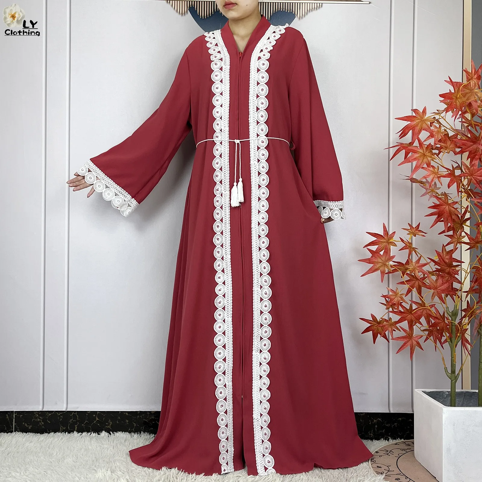 Latest Muslim Women Long Sleeve Elegant Dresses 2024 Dubai Fashion Chiffon Soft lace Zipper Robe African Abaya Casual Clothing