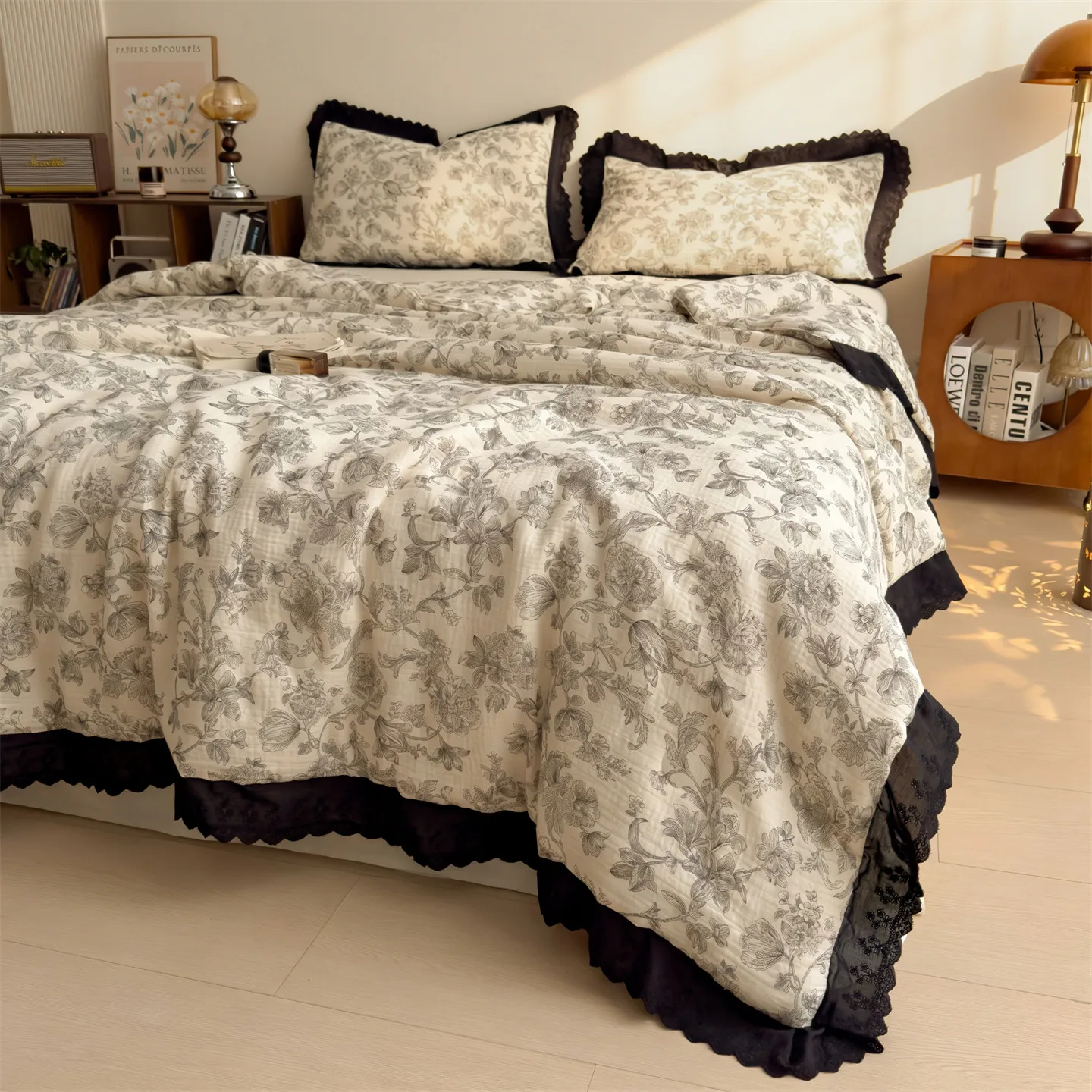 

Летнее одеяло из 100% хлопковой жатой марли с цветочным принтом, стеганое, с кружевом, для кондиционированных помещений, плед-одеяло для кровати