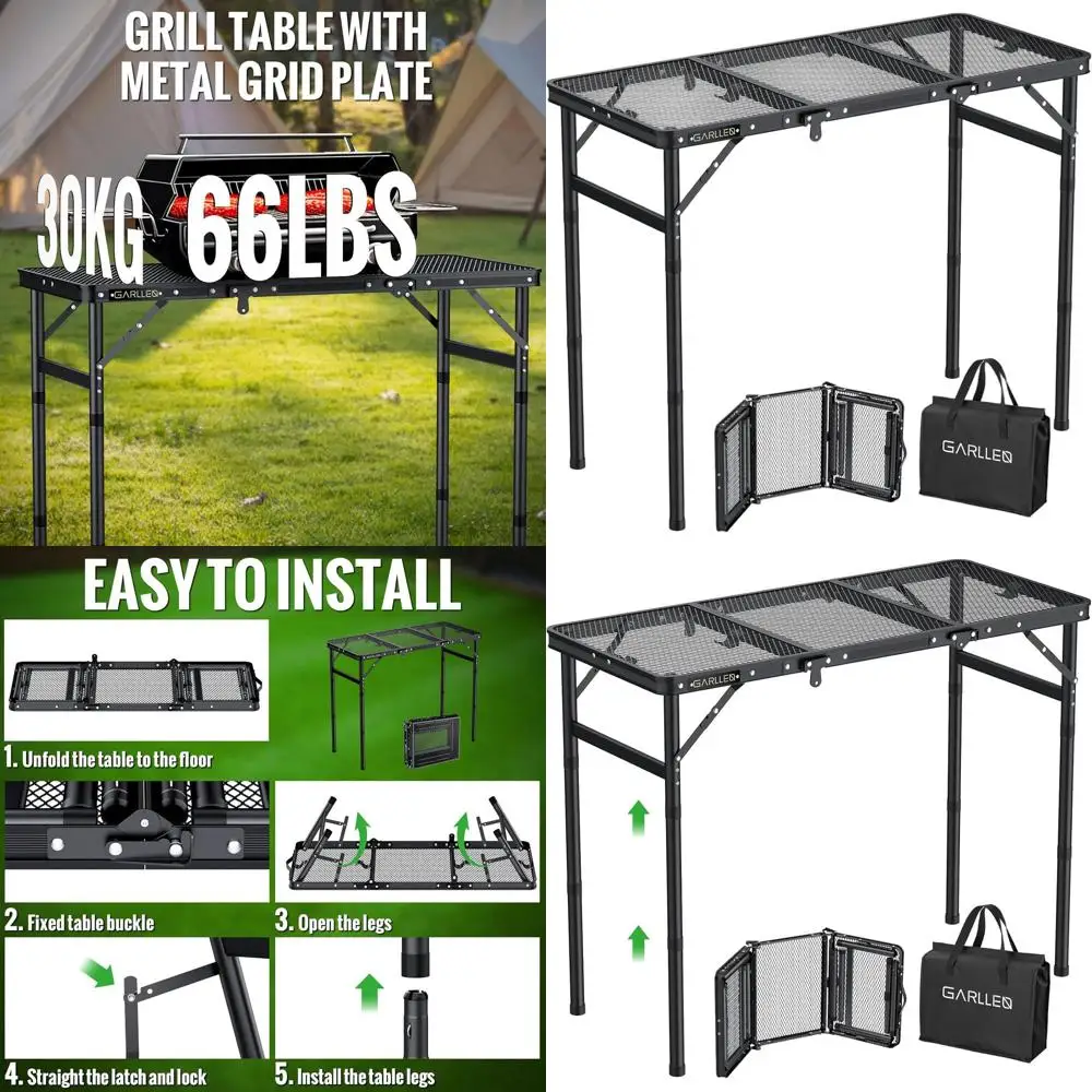 

Portable Folding Camping Table with Adjustable Height and Heat-Resistant Mesh, Lightweight Aluminum for Outdoors and BBQ, 34.2L