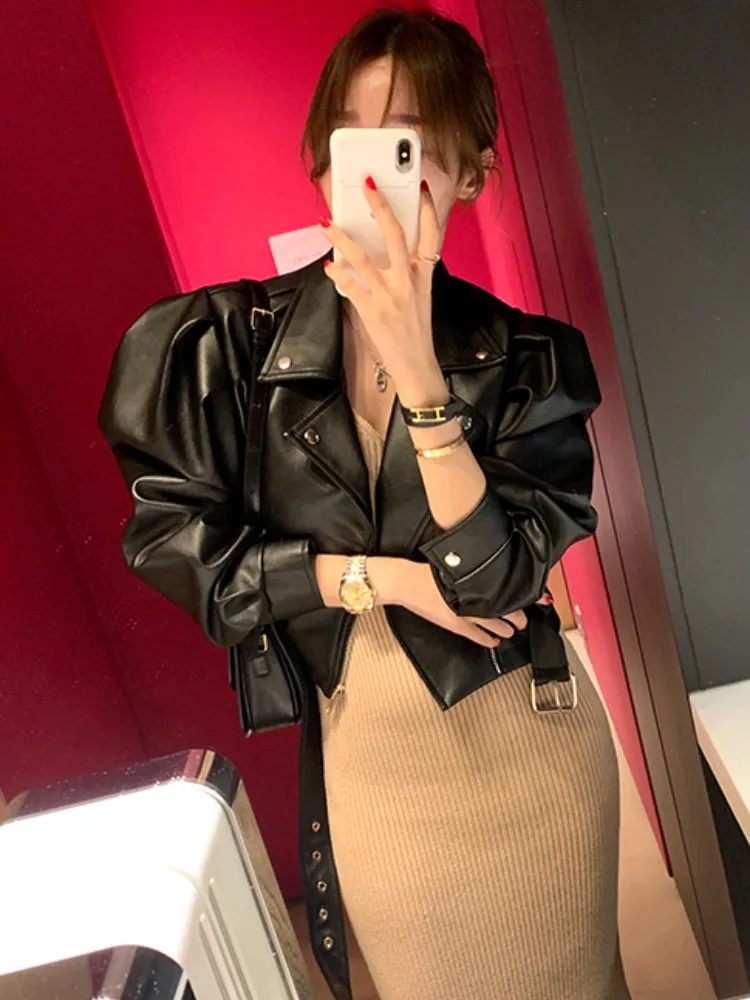 Faionable ort PU Leather Jaet Women's Biker Sle Bubble Sve Spring Autumn New Arrival Ele Top Ladieswear