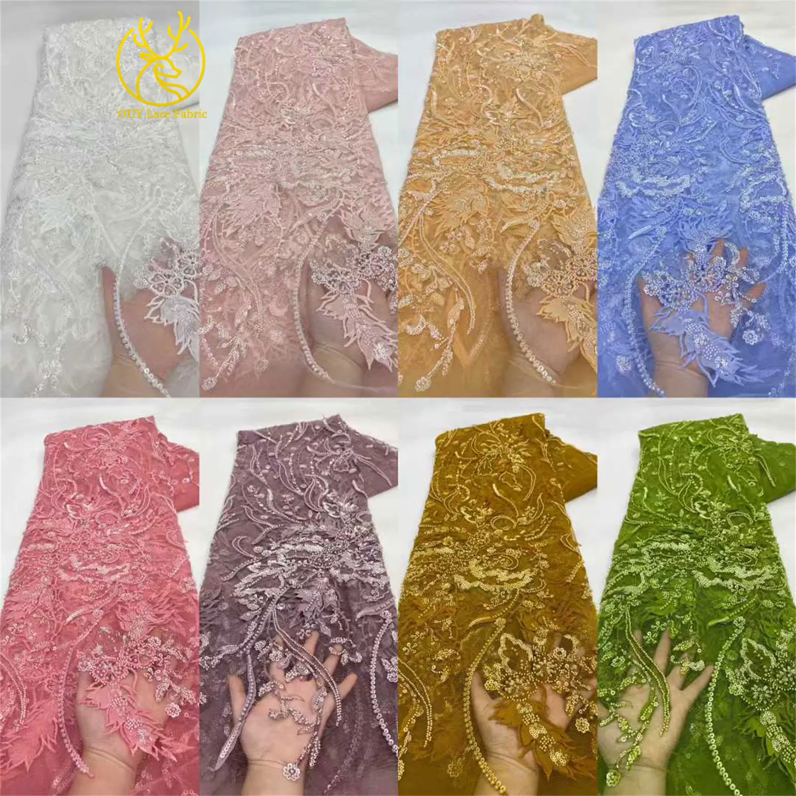 Tessuto africano del pizzo in rilievo 2026 Francese-Nigiano ricamato tulle tessuto di pizzo con paillettes festa di nozze abito da sposa da donna cucito