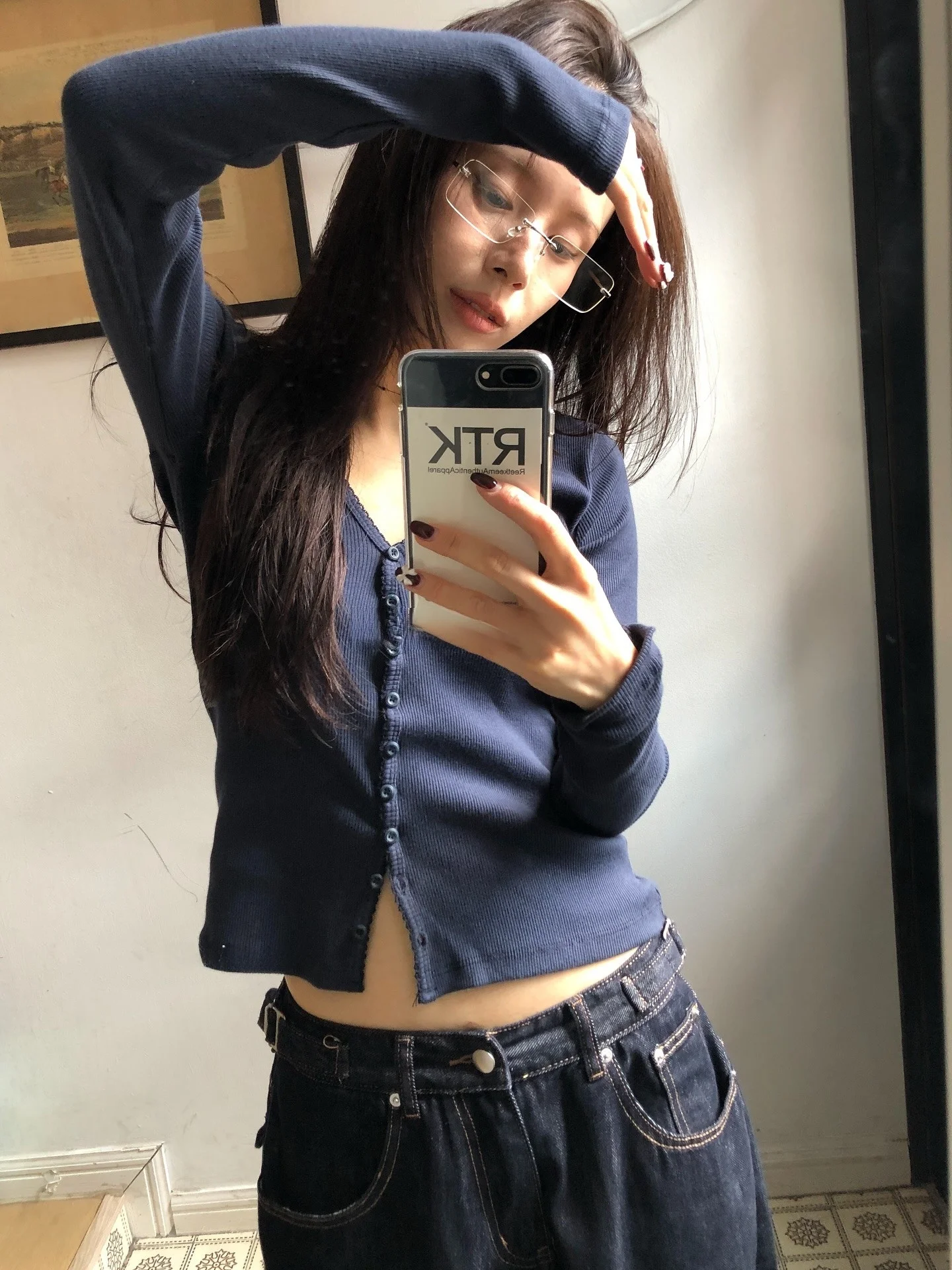 

Slim Fit Long Sve T-irt V-Ne Button up Cardigan Sle Korean Faion Small Flower Unique Design Women's Top