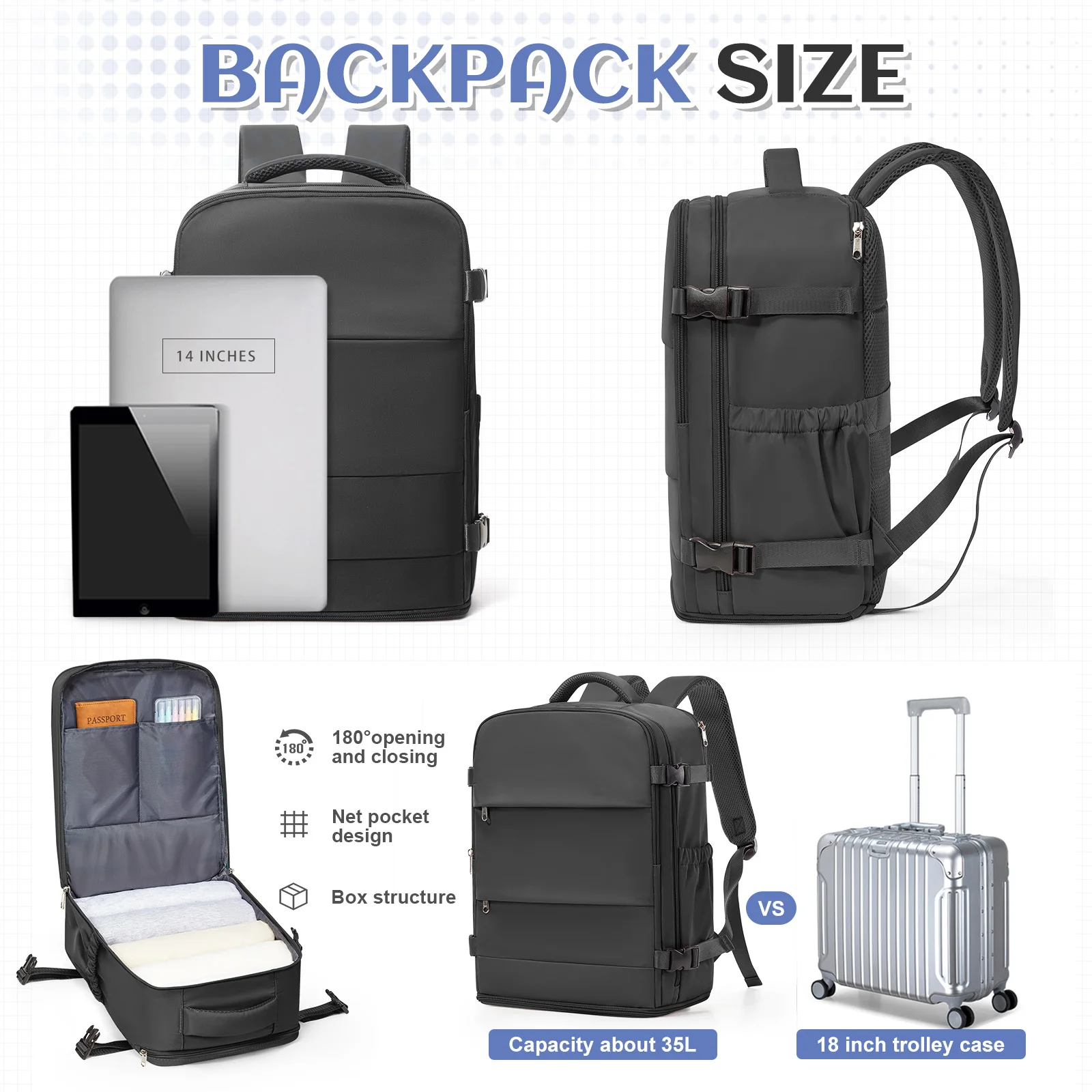 حقيبة يد Ryanair مقاس 40 × 30 × 20 حقيبة كمبيوتر محمول Aircraft Cabin Max مقاس 14 بوصة للجنسين حقيبة نهارية للأعمال للرحلات القصيرة، حقيبة ظهر للسفر #2