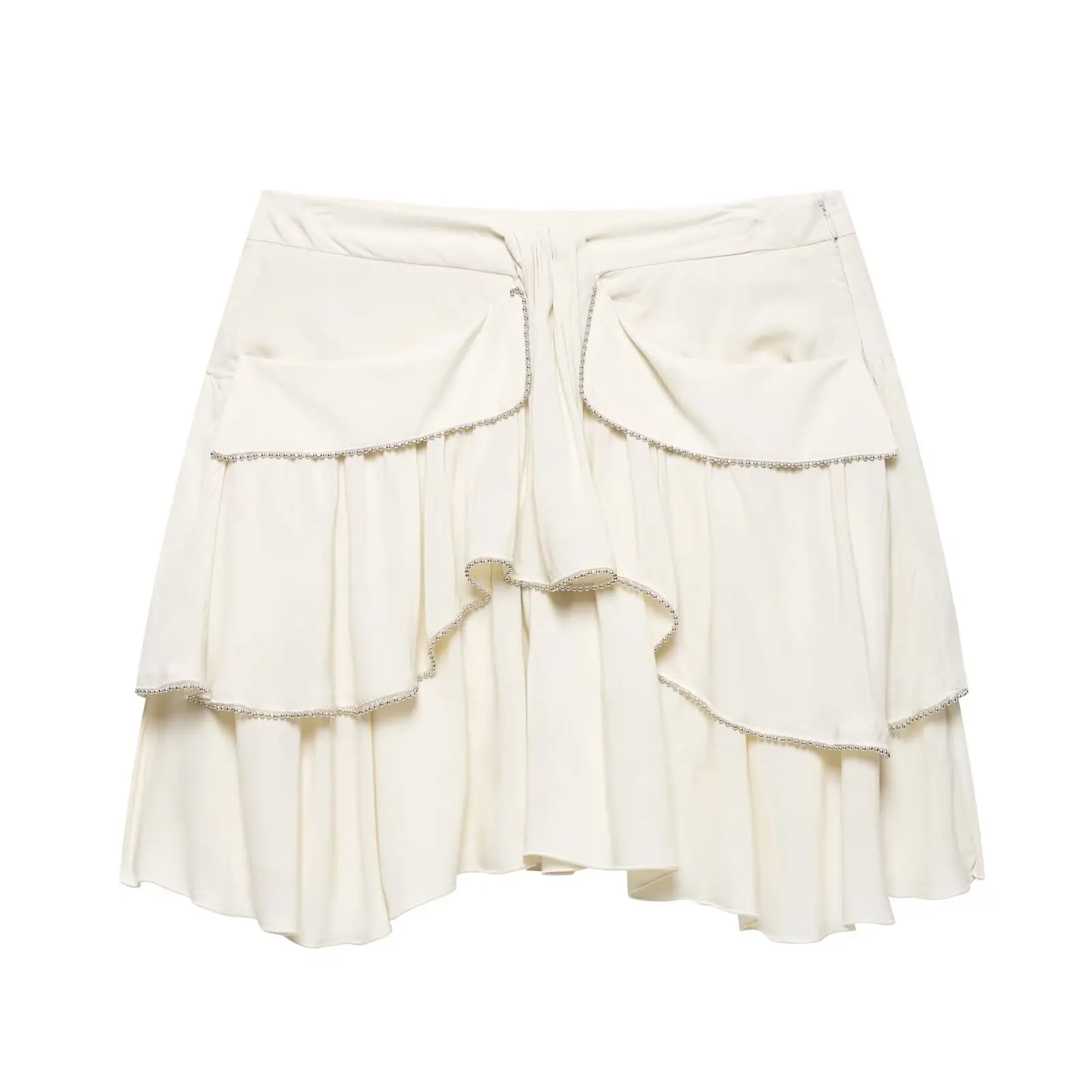 Zevity 2025 New Women Fashion Cascading Ruffles Beading Design Mini Skirt Faldas Mujer Female Chic Side Zipper Vestidos QUN9026