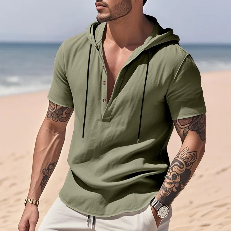 Men Summer Linen Hooded Short Sleeve Shirt Half Button Drawstring Casual Beach Lightweight Daily Tops