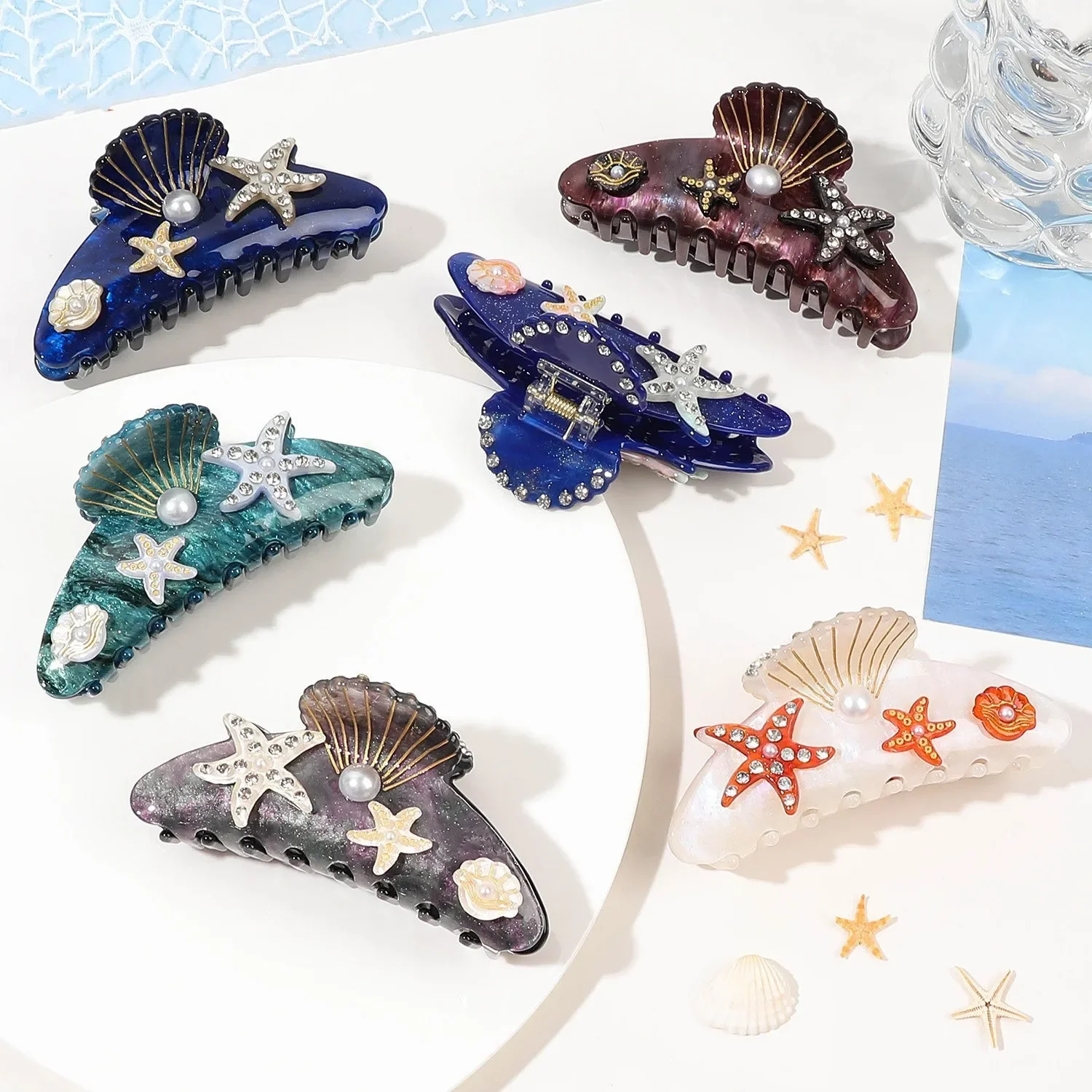 

New Large Ocean Series Diamond Set Hair Claw Acrylic Material Scallop Sea Star Design Shark Clip Women's Hair Accessories