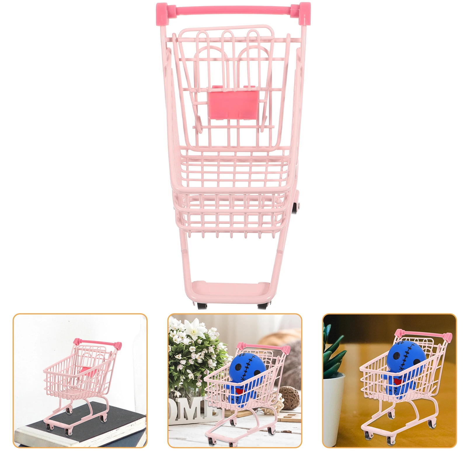 

Pink Shopping Basket Mini Cart Home Storage Decor Grocery Carts Dollhouse Sundry Furniture Photo Prop Small Size Iron