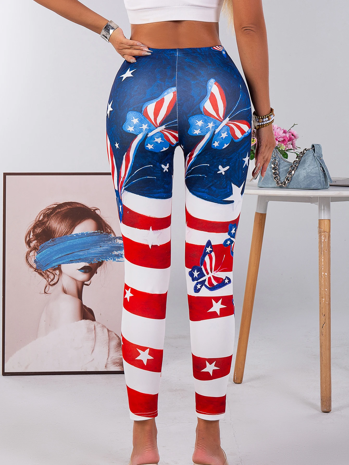 Digital Printed Tight Nine-point Pants Butterfly Red And White Striped Printed Leggings New Peach Hip Lift Pencil Pants Women