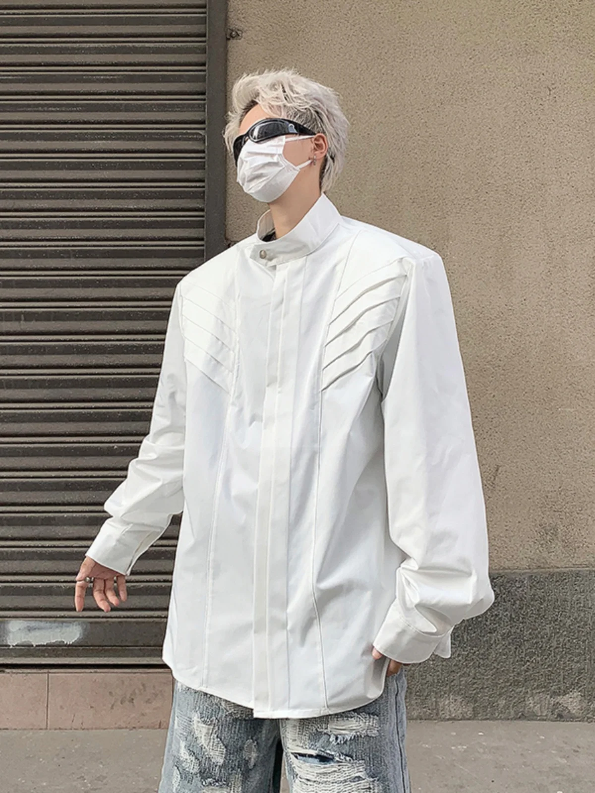 

Pure White Men's irt Pad oulder Long Sve Stand Collar Men's Faion Design Sensation Outerwear Anti-Static Polyester F...